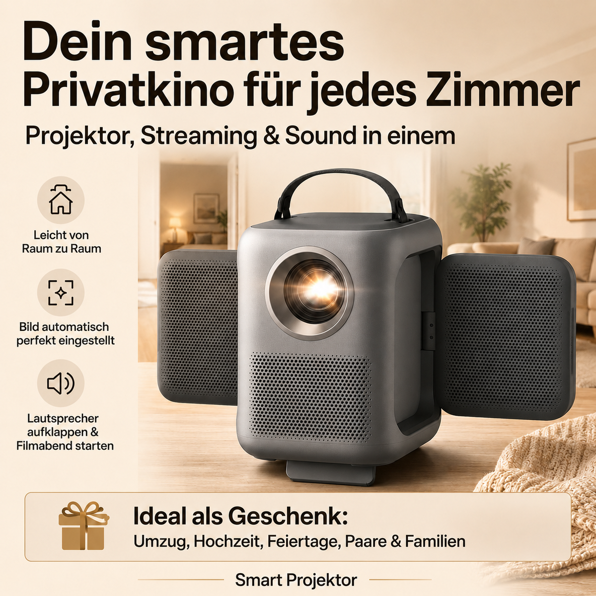 Tragbarer Smart-Projektor mit Soundsystem