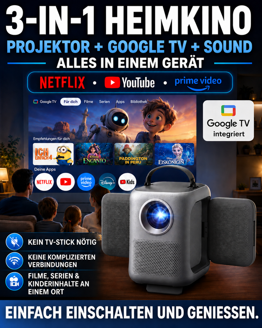 Tragbarer Smart-Projektor mit Soundsystem