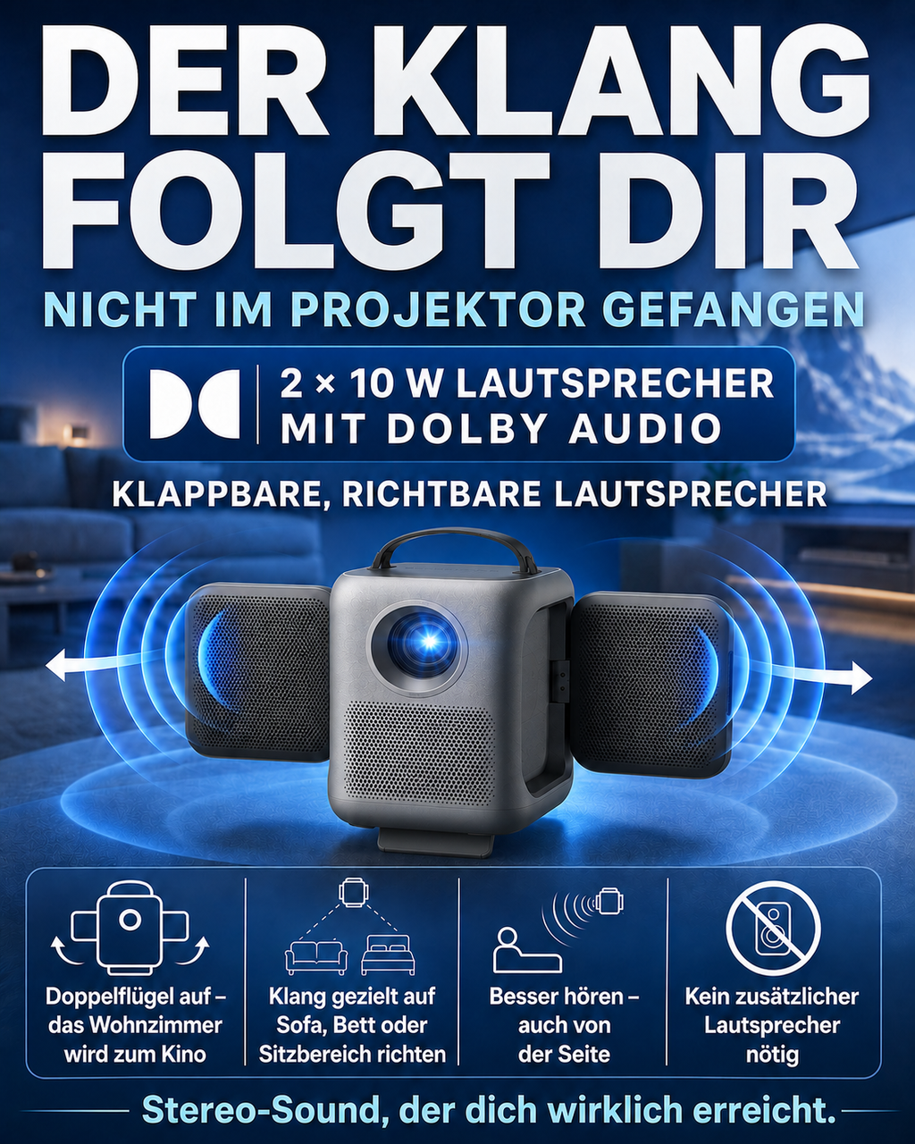 Tragbarer Smart-Projektor mit Soundsystem